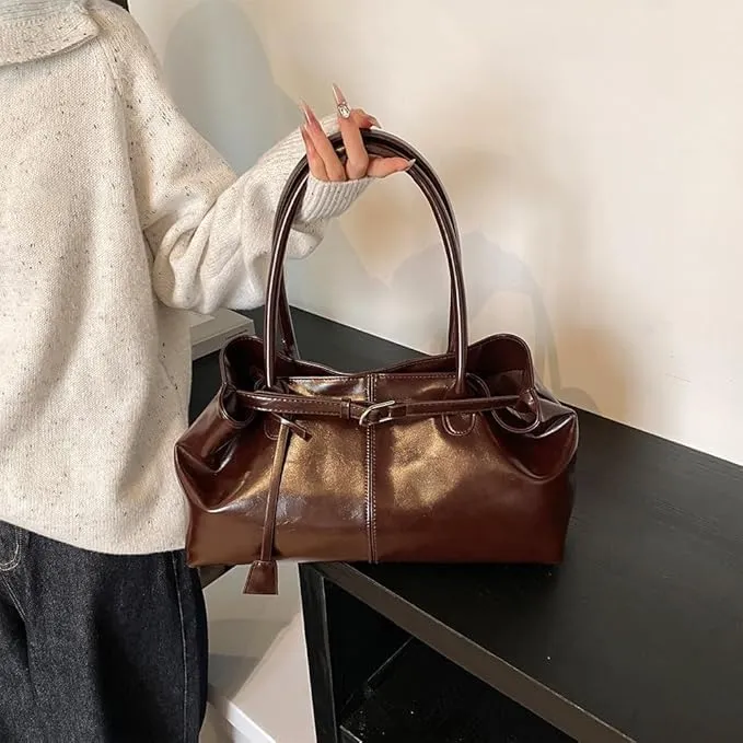 Burgundy PU Leather Work Tote Bag for Women Slouchy Shoulder Bag Wine Red Work Hobo Bag Handle Bag for Work
