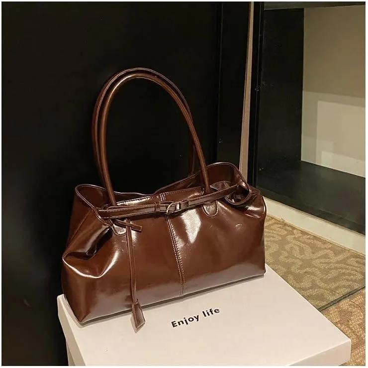 Burgundy PU Leather Work Tote Bag for Women Slouchy Shoulder Bag Wine Red Work Hobo Bag Handle Bag for Work