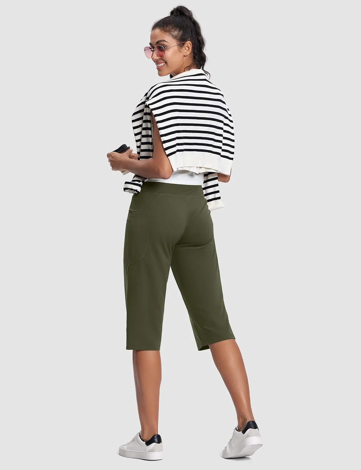 Capri Pants for Women High Waist with Pockets Tummy Control Capri Workout Yoga Pants Loose Straight Leg