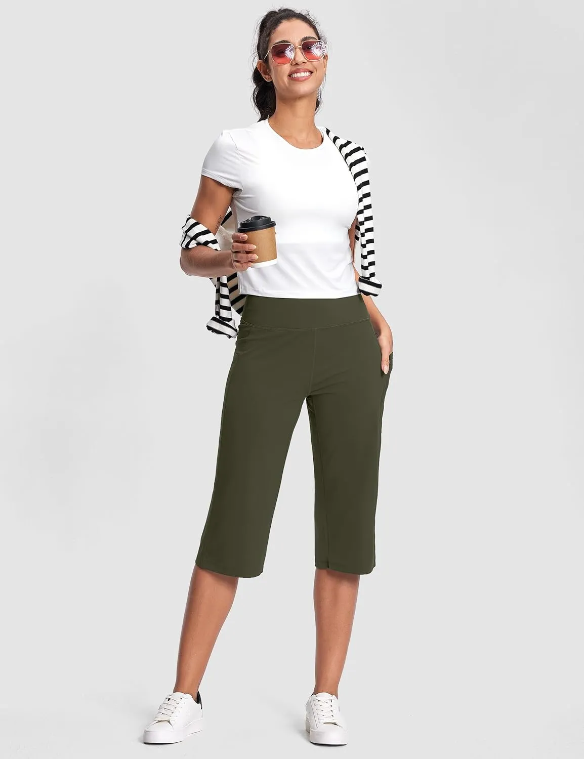 Capri Pants for Women High Waist with Pockets Tummy Control Capri Workout Yoga Pants Loose Straight Leg