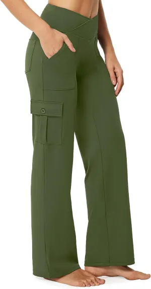 Casei Yoga Pants with Pockets for Women Wide Leg Cargo Pants High Waist Crossover Stretch Work Travel Casual Sweatpants
