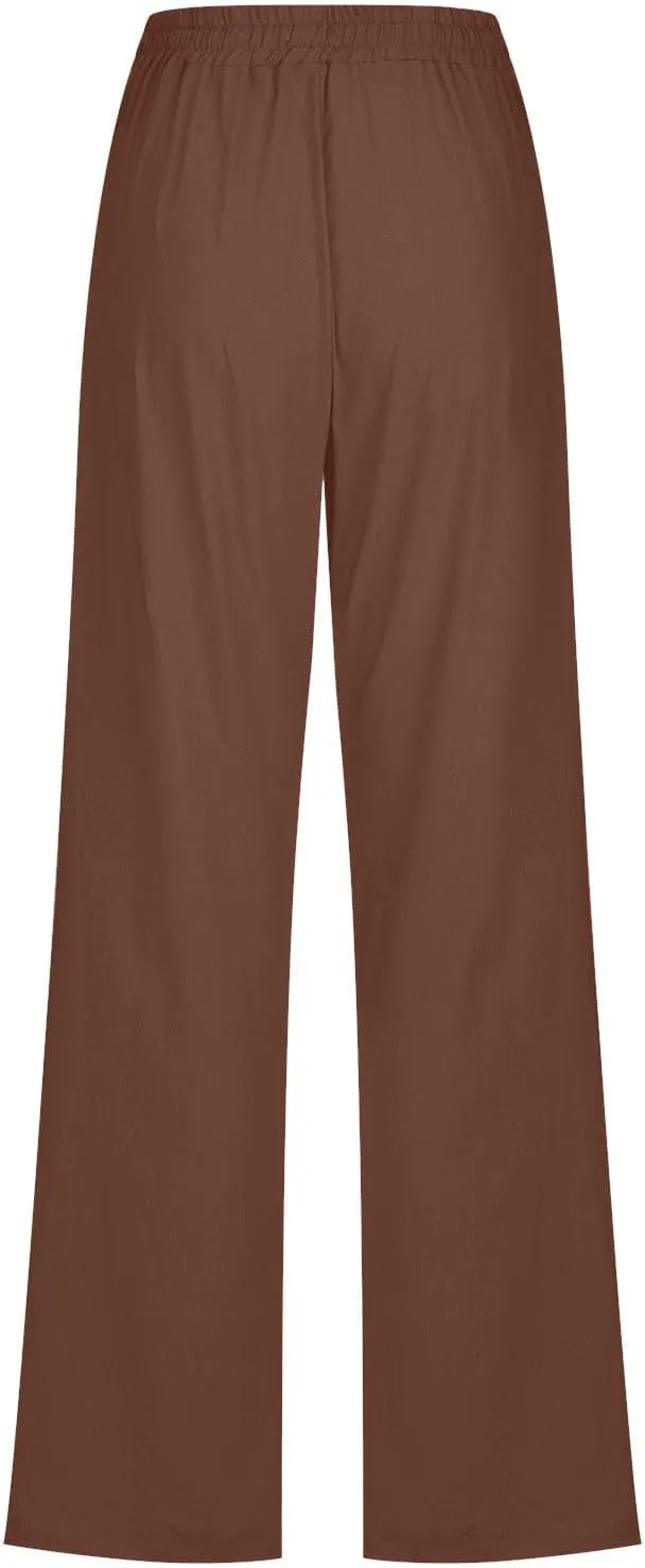 Casual Cotton Linen Pants for Women Lightweight Plus Size Summer Wide Leg Sweatpants Elastic Waist Long Trousers