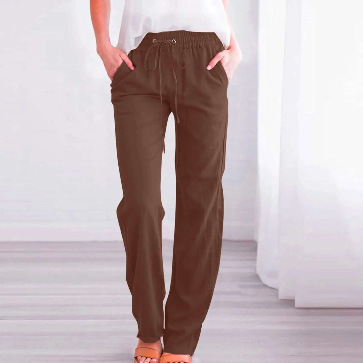 Casual Cotton Linen Pants for Women Lightweight Plus Size Summer Wide Leg Sweatpants Elastic Waist Long Trousers