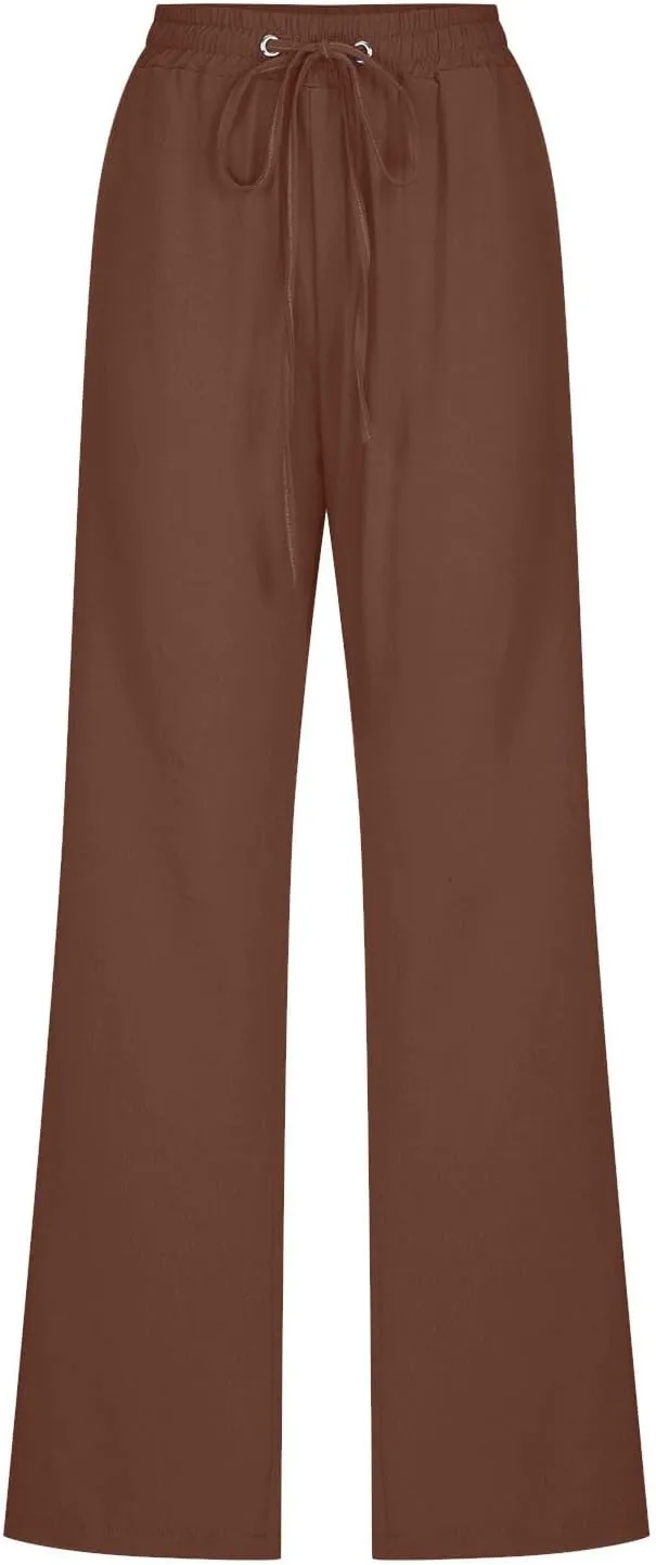 Casual Cotton Linen Pants for Women Lightweight Plus Size Summer Wide Leg Sweatpants Elastic Waist Long Trousers