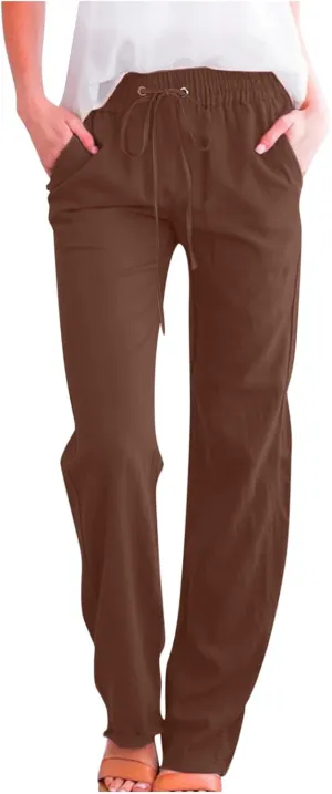 Casual Cotton Linen Pants for Women Lightweight Plus Size Summer Wide Leg Sweatpants Elastic Waist Long Trousers