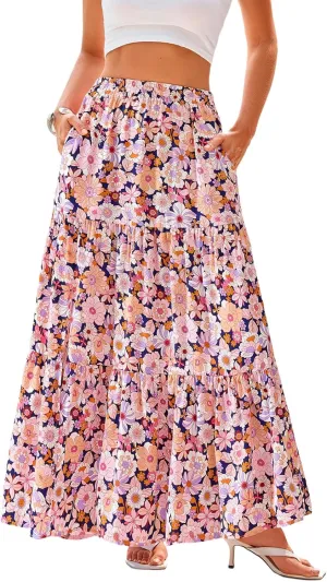 CFLONGE Floral Maxi Skirts for Women Summer Pleated High Waisted Casual Long Skirts with Pockets High Slit Boho Flowy Skirt