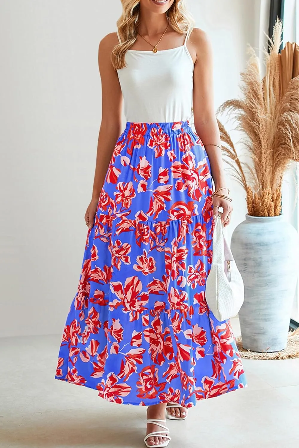 CFLONGE Floral Maxi Skirts for Women Summer Pleated High Waisted Casual Long Skirts with Pockets High Slit Boho Flowy Skirt
