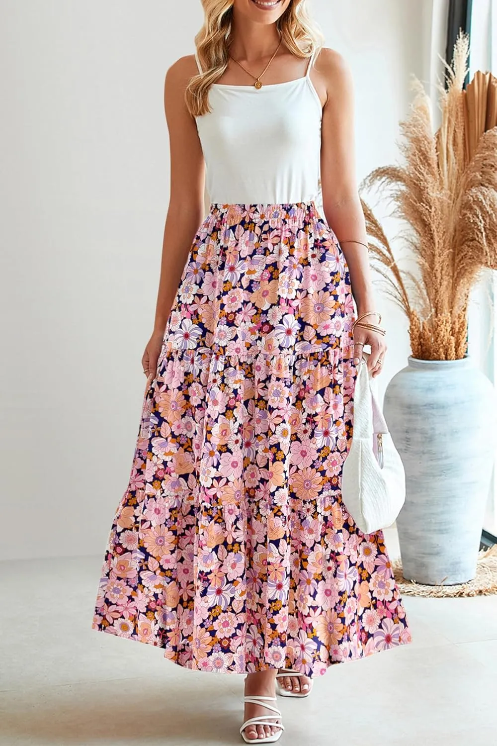 CFLONGE Floral Maxi Skirts for Women Summer Pleated High Waisted Casual Long Skirts with Pockets High Slit Boho Flowy Skirt