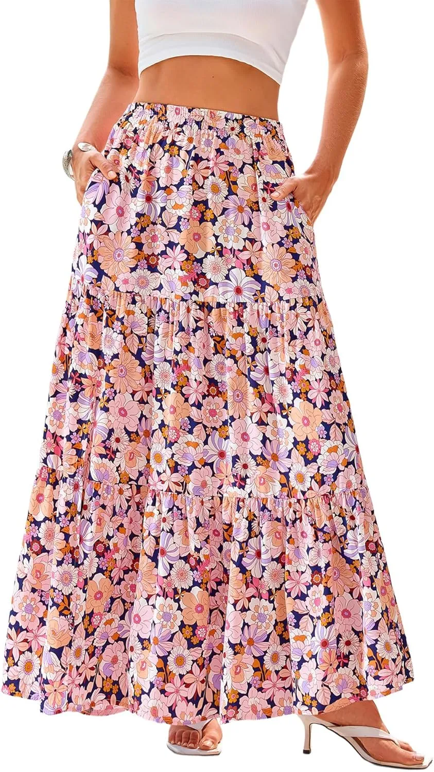 CFLONGE Floral Maxi Skirts for Women Summer Pleated High Waisted Casual Long Skirts with Pockets High Slit Boho Flowy Skirt