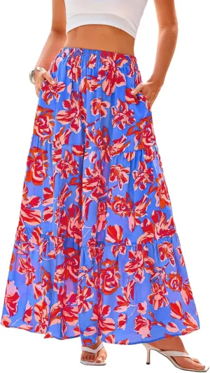 CFLONGE Floral Maxi Skirts for Women Summer Pleated High Waisted Casual Long Skirts with Pockets High Slit Boho Flowy Skirt