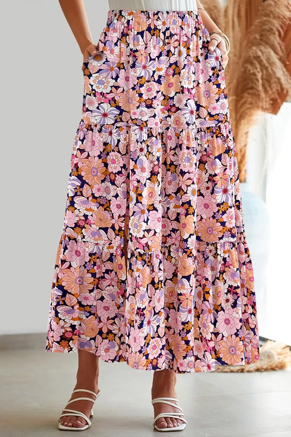 CFLONGE Floral Maxi Skirts for Women Summer Pleated High Waisted Casual Long Skirts with Pockets High Slit Boho Flowy Skirt