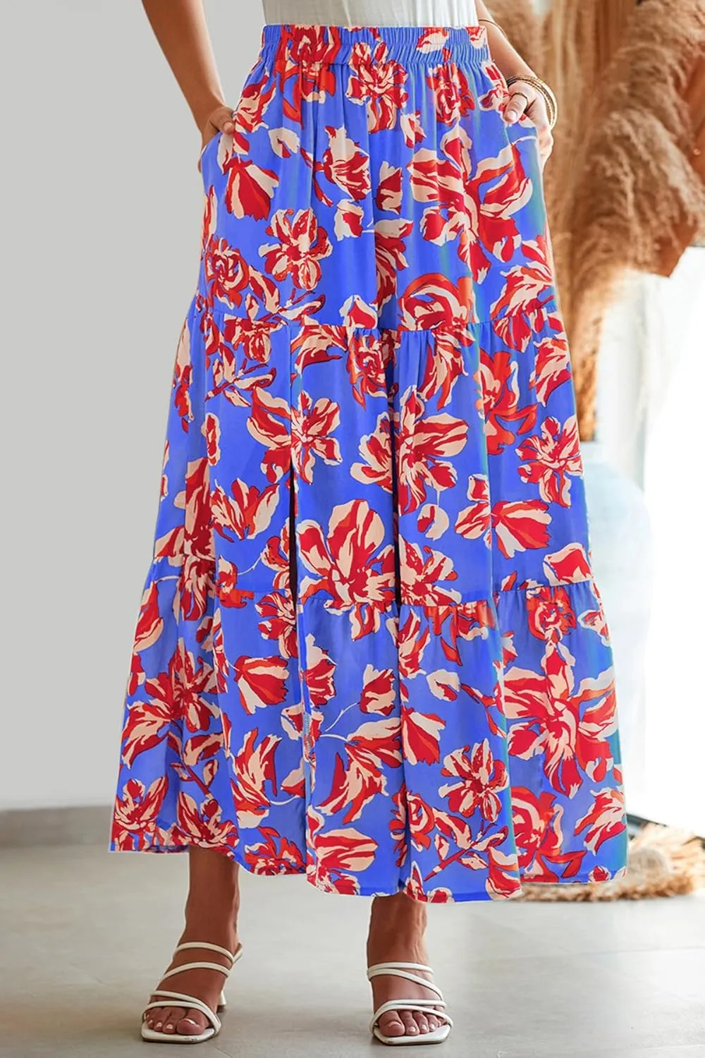 CFLONGE Floral Maxi Skirts for Women Summer Pleated High Waisted Casual Long Skirts with Pockets High Slit Boho Flowy Skirt