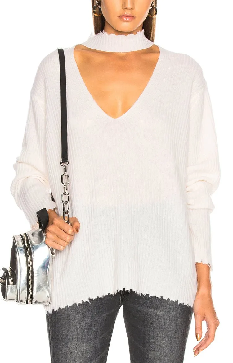 Choker V Neck Sweater, White