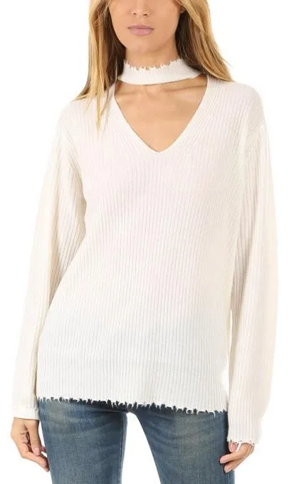 Choker V Neck Sweater, White