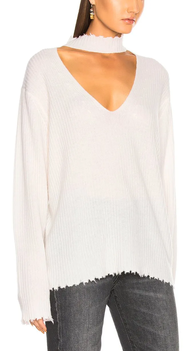 Choker V Neck Sweater, White