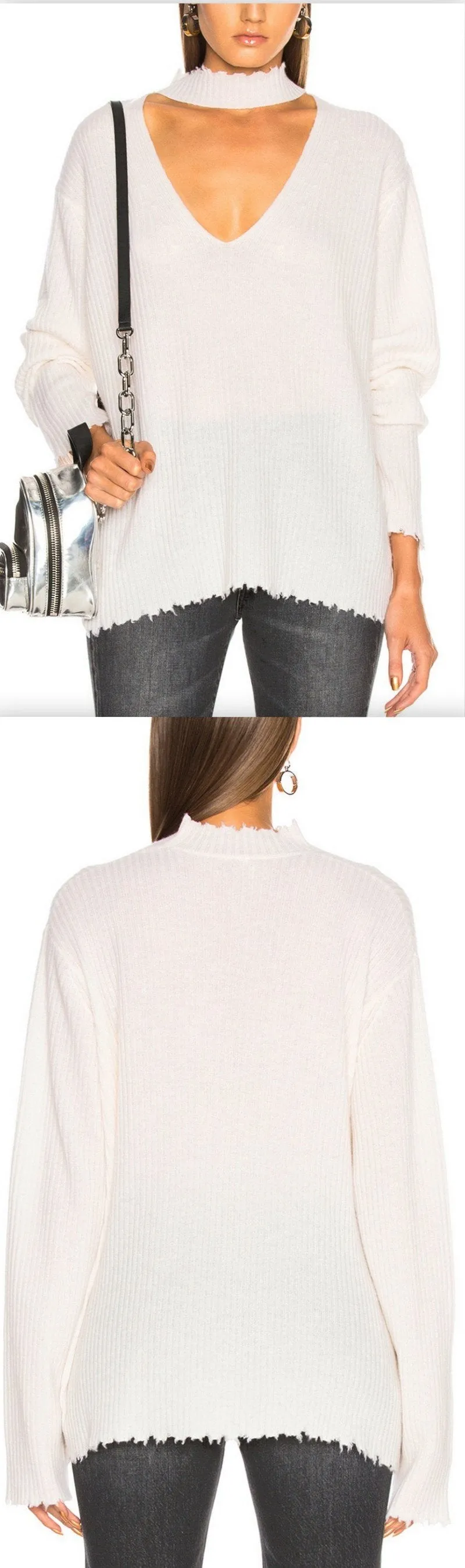 Choker V Neck Sweater, White