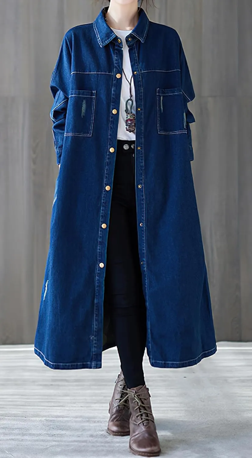 chouyatou Women Casual Spring Fall Ripped Distressed Button Down Maxi Long Denim Jean Jacket Trench Coat