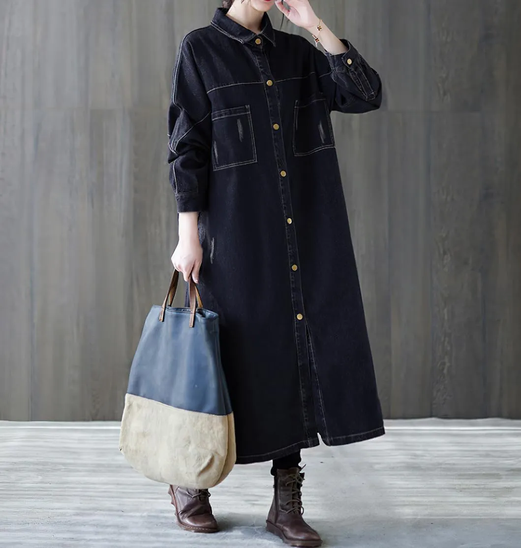 chouyatou Women Casual Spring Fall Ripped Distressed Button Down Maxi Long Denim Jean Jacket Trench Coat