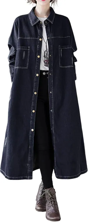 chouyatou Women Casual Spring Fall Ripped Distressed Button Down Maxi Long Denim Jean Jacket Trench Coat