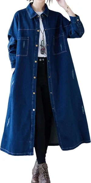chouyatou Women Casual Spring Fall Ripped Distressed Button Down Maxi Long Denim Jean Jacket Trench Coat