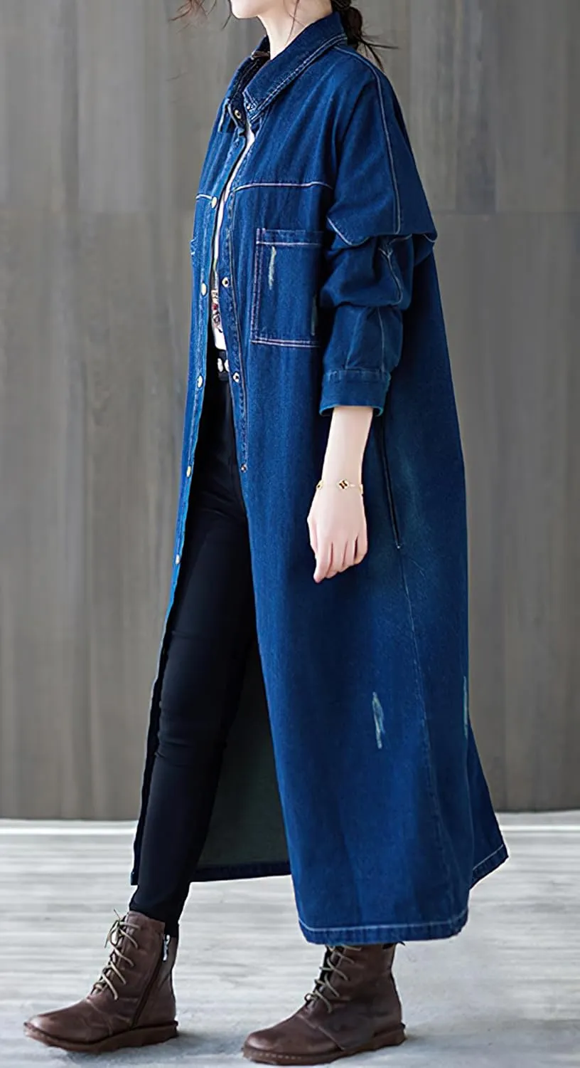 chouyatou Women Casual Spring Fall Ripped Distressed Button Down Maxi Long Denim Jean Jacket Trench Coat