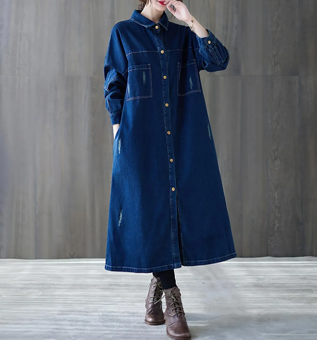 chouyatou Women Casual Spring Fall Ripped Distressed Button Down Maxi Long Denim Jean Jacket Trench Coat