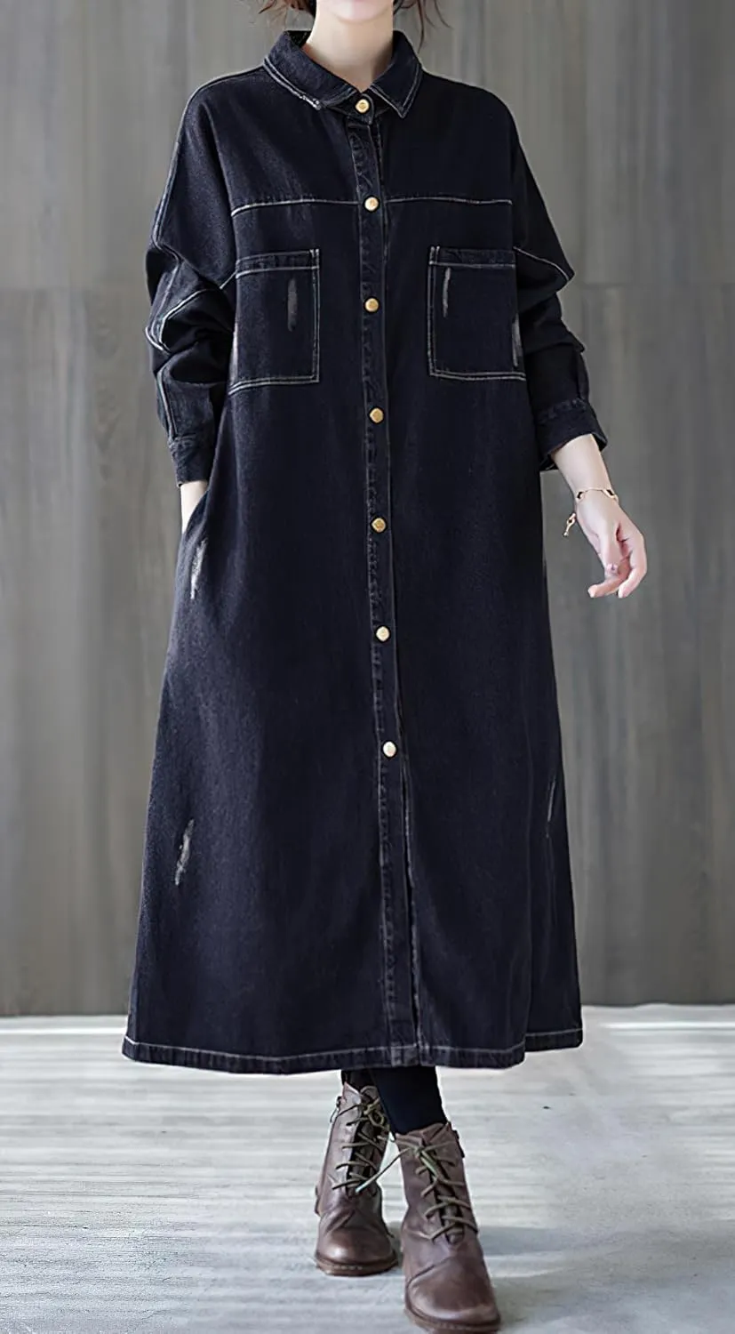 chouyatou Women Casual Spring Fall Ripped Distressed Button Down Maxi Long Denim Jean Jacket Trench Coat
