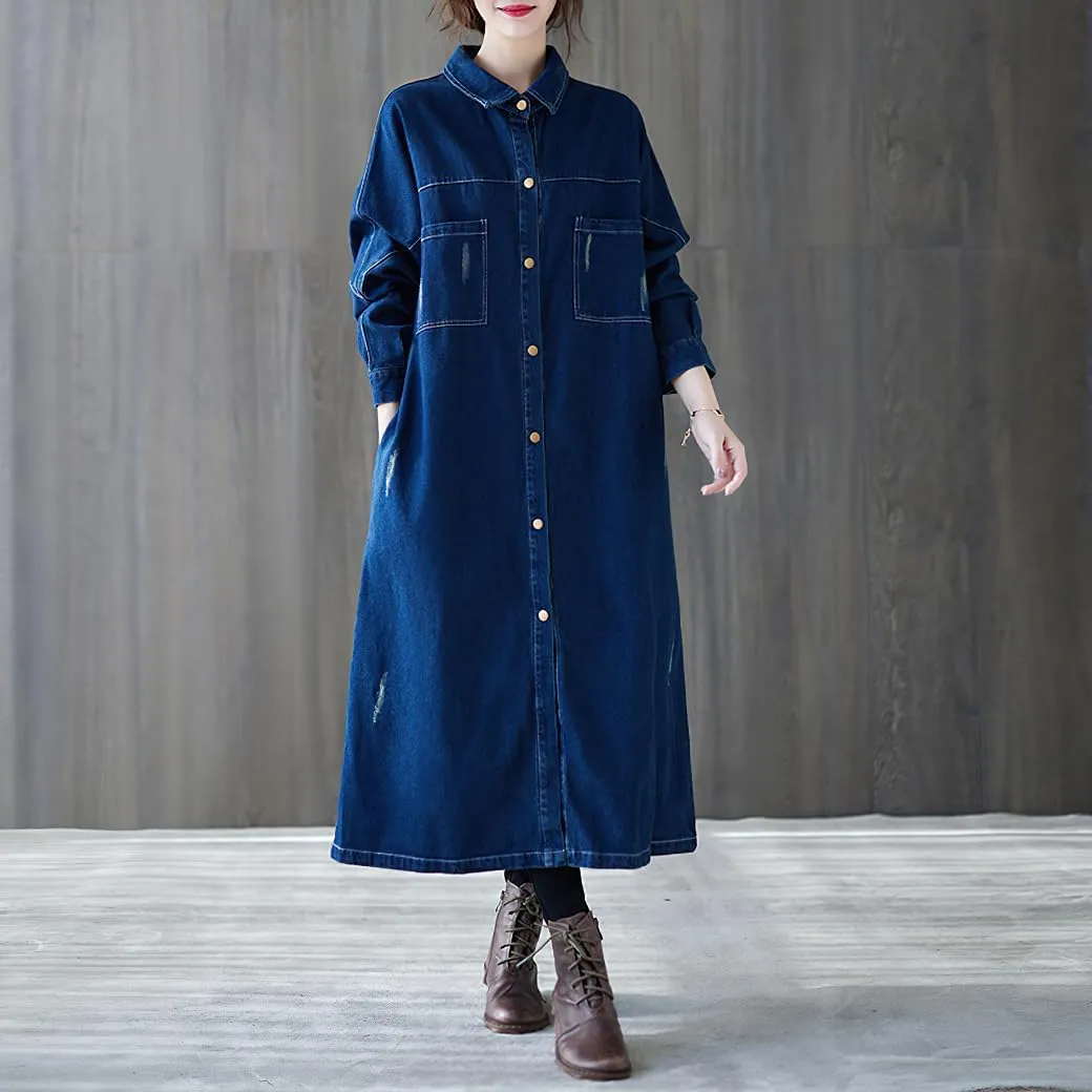 chouyatou Women Casual Spring Fall Ripped Distressed Button Down Maxi Long Denim Jean Jacket Trench Coat