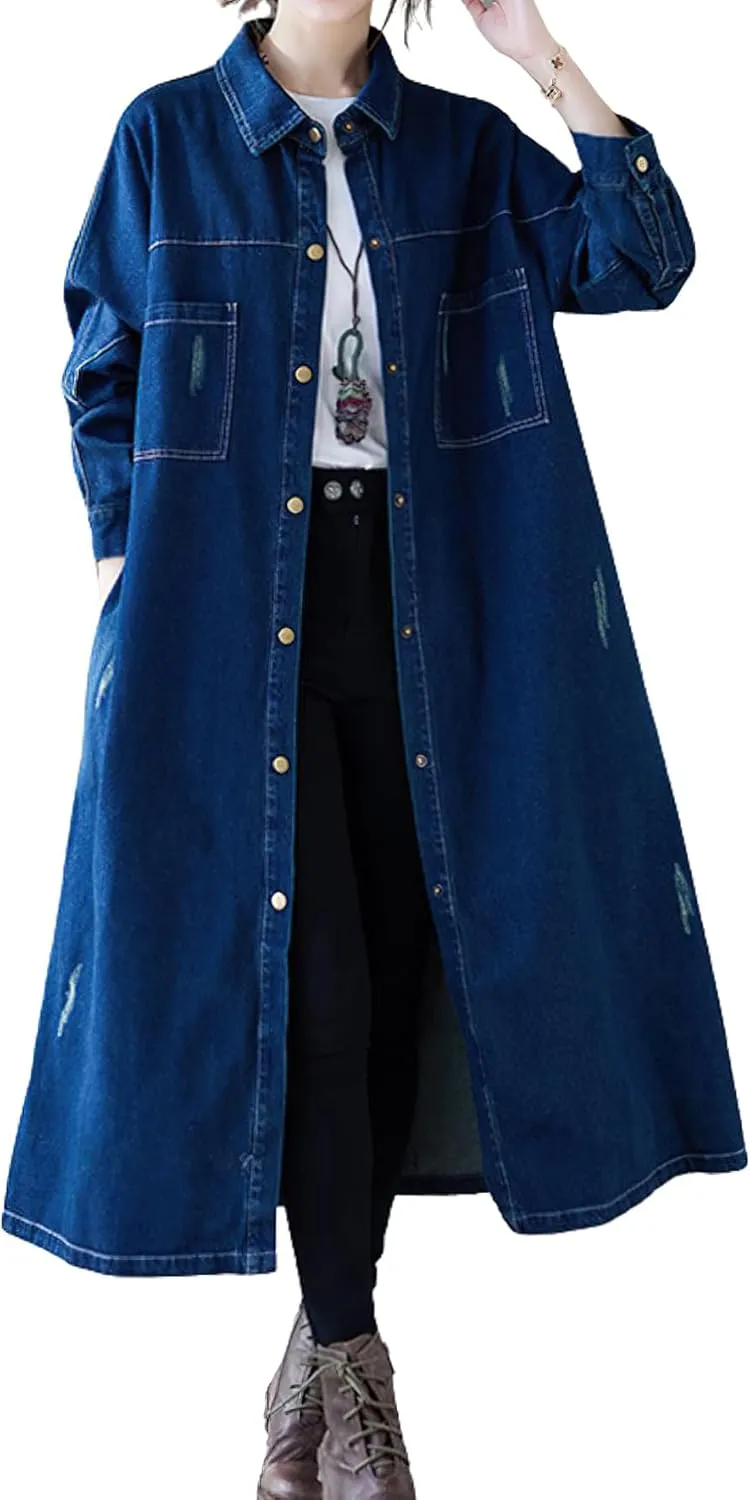 chouyatou Women Casual Spring Fall Ripped Distressed Button Down Maxi Long Denim Jean Jacket Trench Coat