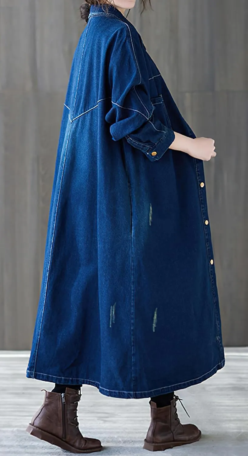 chouyatou Women Casual Spring Fall Ripped Distressed Button Down Maxi Long Denim Jean Jacket Trench Coat