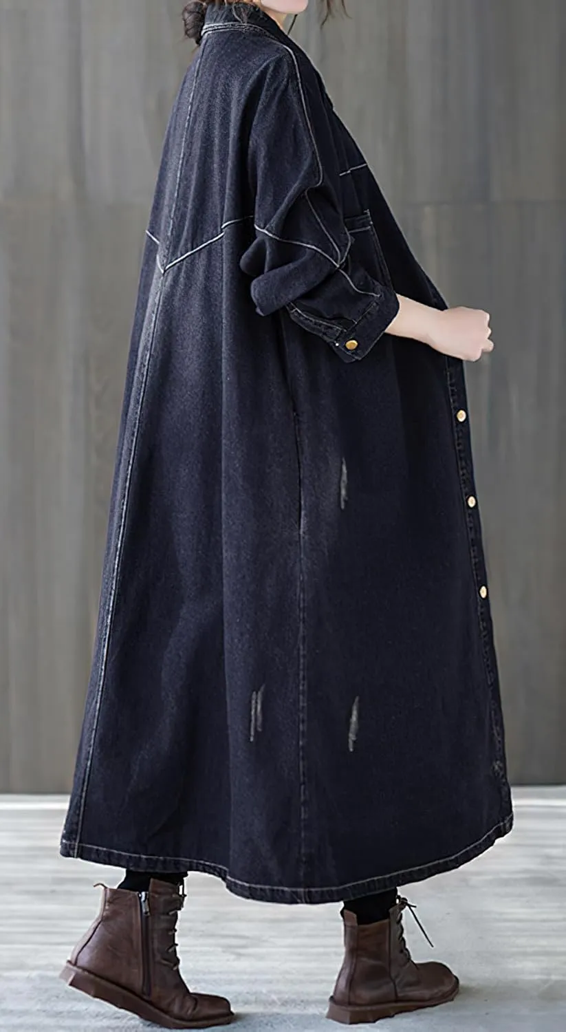 chouyatou Women Casual Spring Fall Ripped Distressed Button Down Maxi Long Denim Jean Jacket Trench Coat