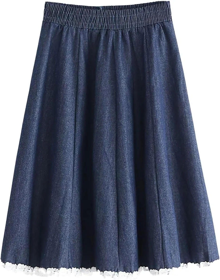 chouyatou Women's Casual Elastic Waist Denim A-Line Skirt Color Block Lace Hem Pleated Swing Jean Midi Skirt