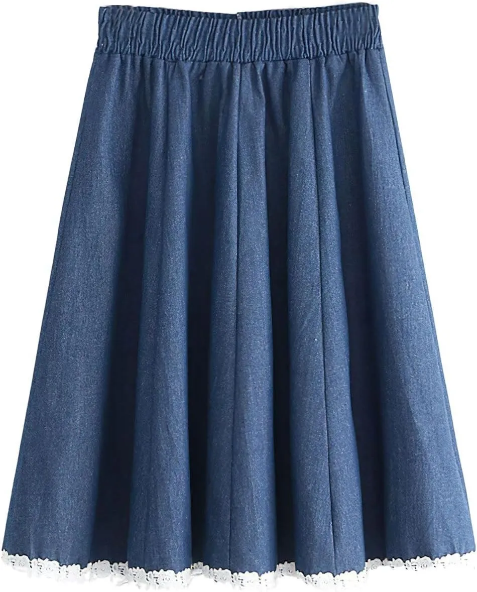chouyatou Women's Casual Elastic Waist Denim A-Line Skirt Color Block Lace Hem Pleated Swing Jean Midi Skirt
