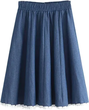 chouyatou Women's Casual Elastic Waist Denim A-Line Skirt Color Block Lace Hem Pleated Swing Jean Midi Skirt