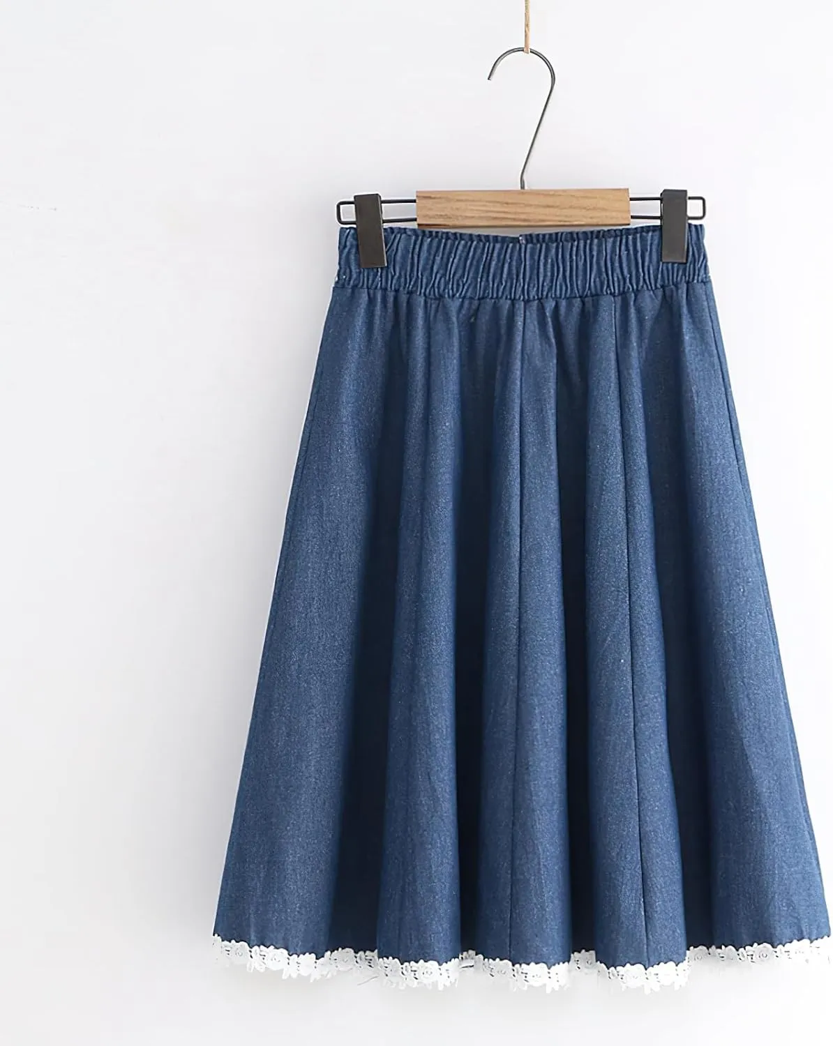 chouyatou Women's Casual Elastic Waist Denim A-Line Skirt Color Block Lace Hem Pleated Swing Jean Midi Skirt