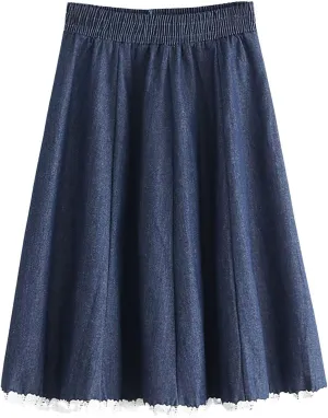 chouyatou Women's Casual Elastic Waist Denim A-Line Skirt Color Block Lace Hem Pleated Swing Jean Midi Skirt