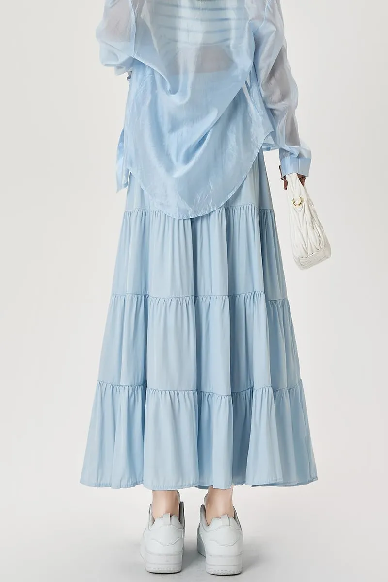 chouyatou Women's Casual Elastic Waist Ruffle Hem Skirt Vintage Bow Trim Pleated Flowy Swing Long Skirt