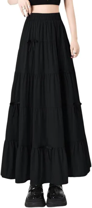 chouyatou Women's Casual Elastic Waist Ruffle Hem Skirt Vintage Bow Trim Pleated Flowy Swing Long Skirt