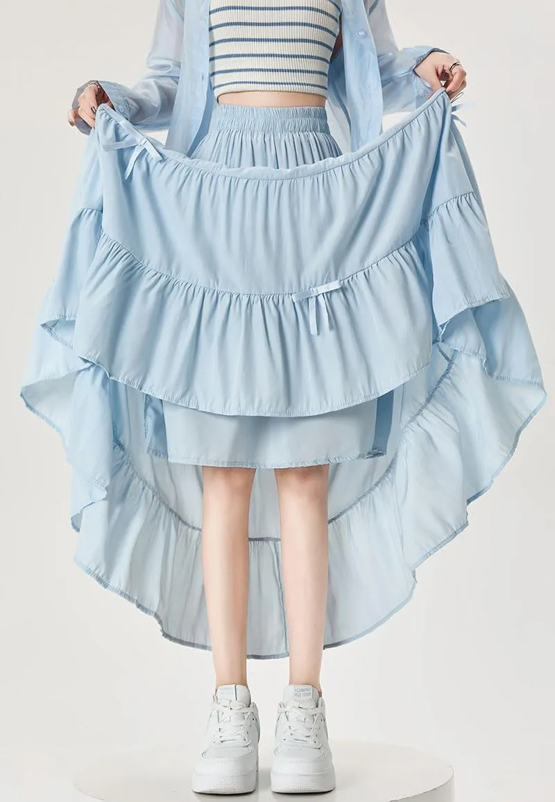 chouyatou Women's Casual Elastic Waist Ruffle Hem Skirt Vintage Bow Trim Pleated Flowy Swing Long Skirt