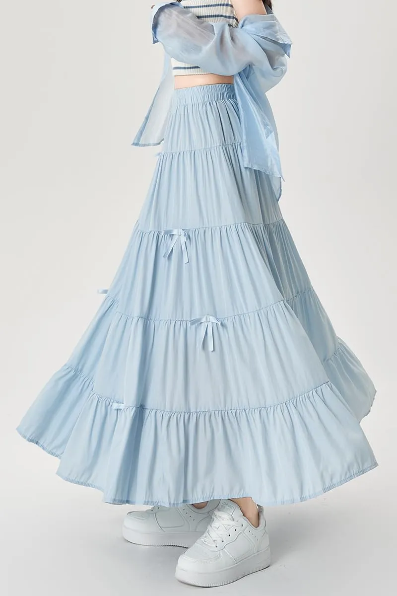 chouyatou Women's Casual Elastic Waist Ruffle Hem Skirt Vintage Bow Trim Pleated Flowy Swing Long Skirt