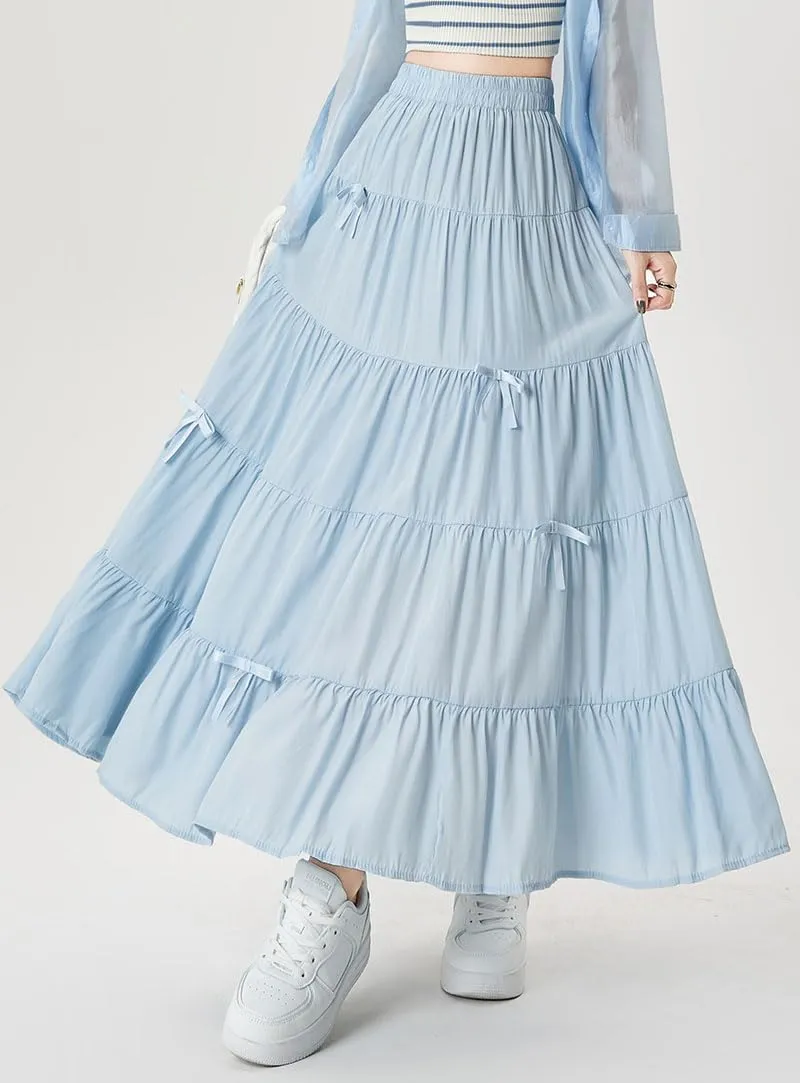 chouyatou Women's Casual Elastic Waist Ruffle Hem Skirt Vintage Bow Trim Pleated Flowy Swing Long Skirt