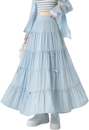 chouyatou Women's Casual Elastic Waist Ruffle Hem Skirt Vintage Bow Trim Pleated Flowy Swing Long Skirt