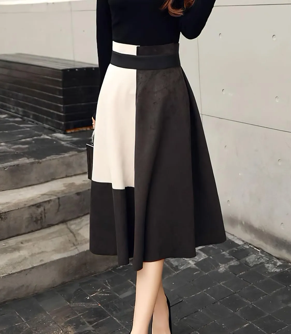 chouyatou Women's Color Block Faux Suede Leather A-Line Midi Long Skirt Sexy High Waisted Skater Skirt