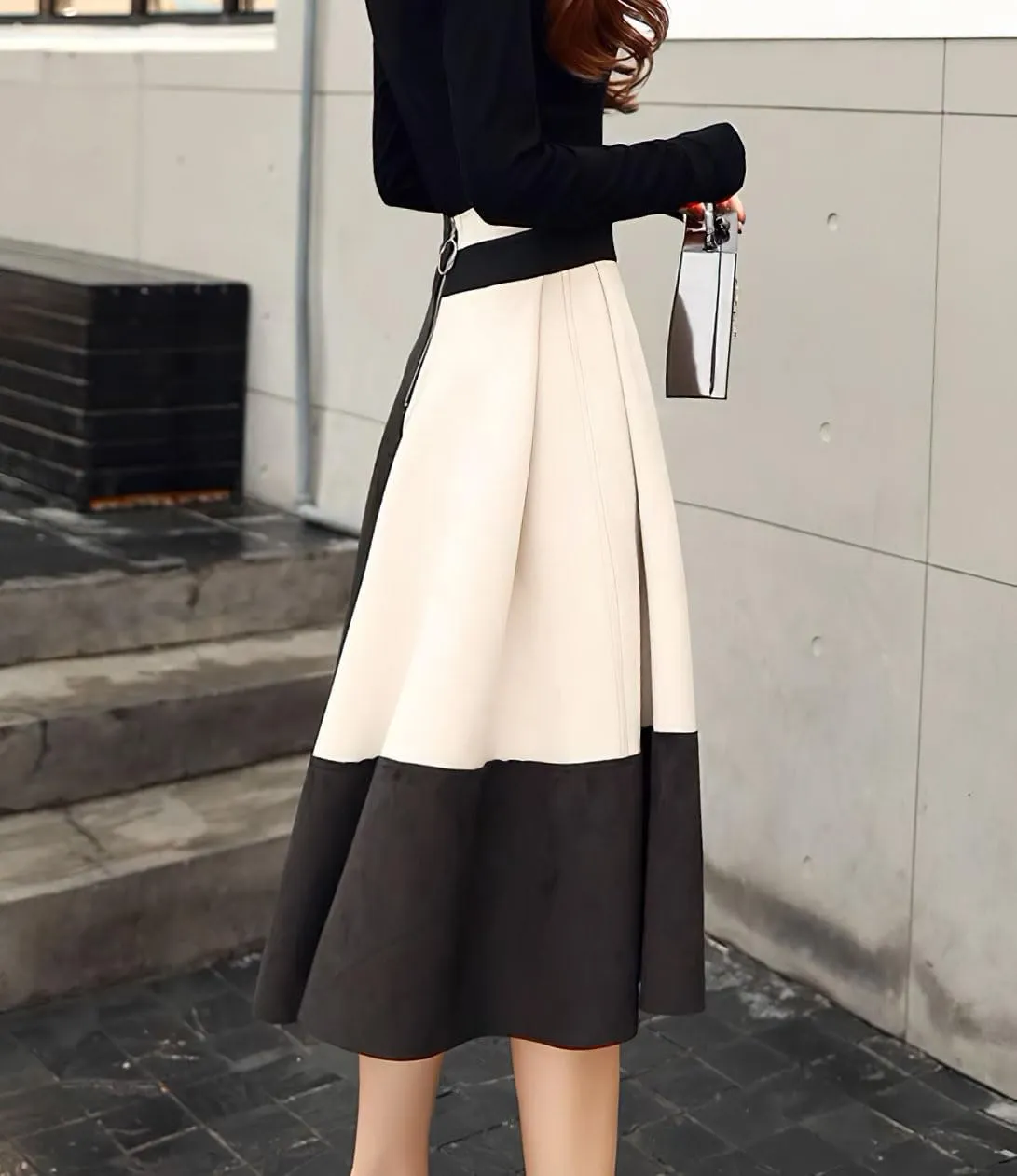 chouyatou Women's Color Block Faux Suede Leather A-Line Midi Long Skirt Sexy High Waisted Skater Skirt