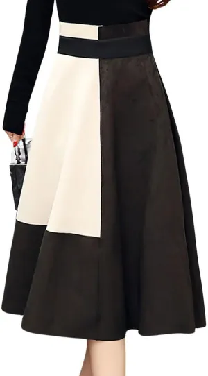chouyatou Women's Color Block Faux Suede Leather A-Line Midi Long Skirt Sexy High Waisted Skater Skirt