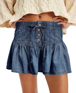 chouyatou Women's Denim Pleated A Line Mini Skirt High Elastic Waisted Button Ruffle Jean Short Skirt