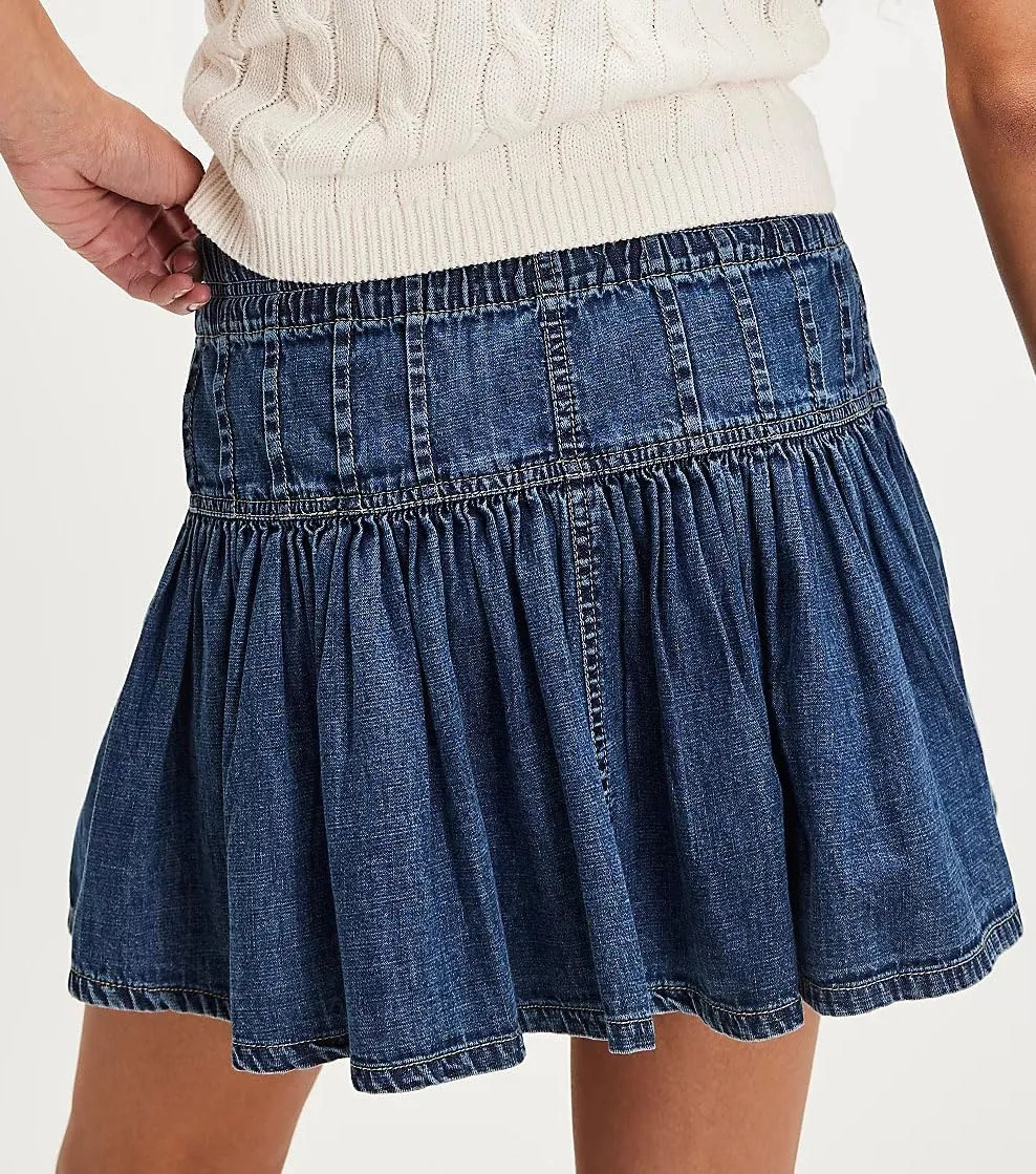 chouyatou Women's Denim Pleated A Line Mini Skirt High Elastic Waisted Button Ruffle Jean Short Skirt
