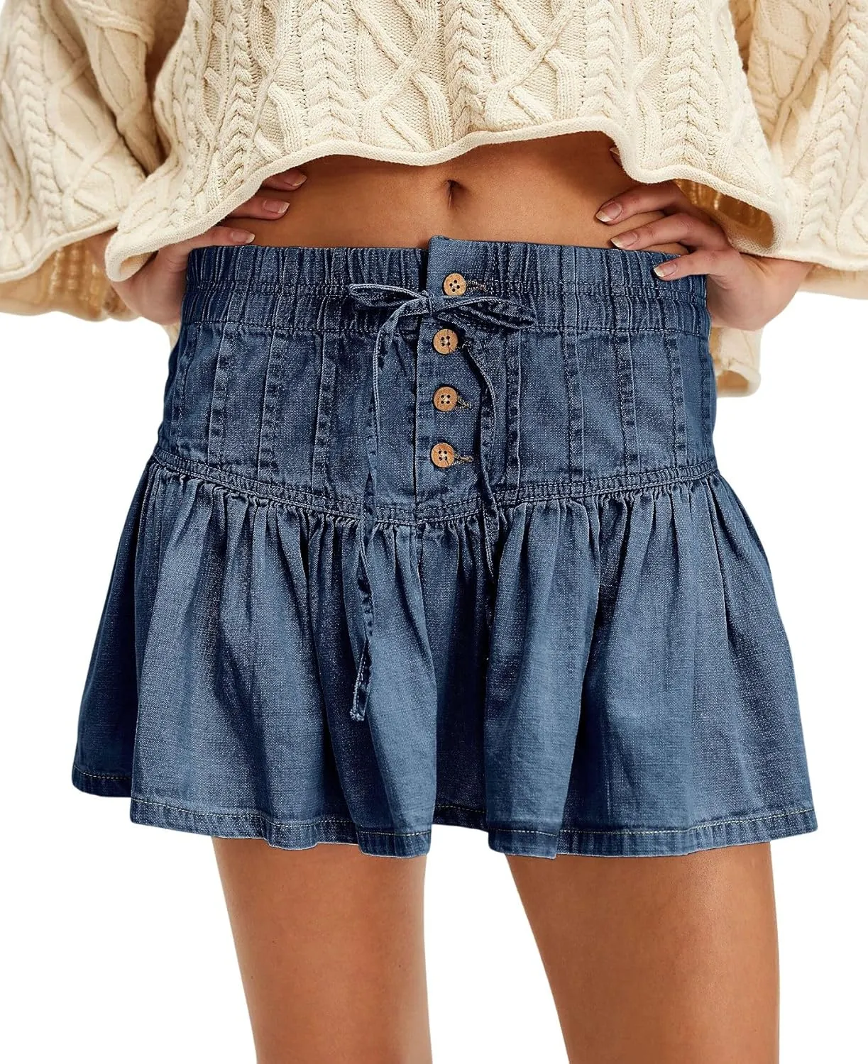 chouyatou Women's Denim Pleated A Line Mini Skirt High Elastic Waisted Button Ruffle Jean Short Skirt