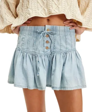 chouyatou Women's Denim Pleated A Line Mini Skirt High Elastic Waisted Button Ruffle Jean Short Skirt