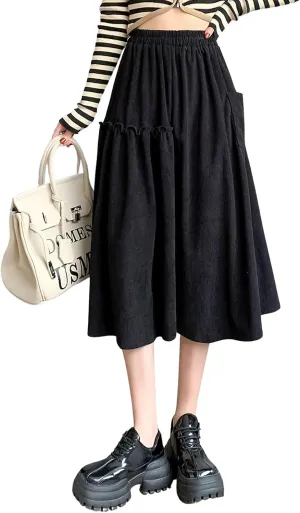 chouyatou Women's Elastic Waist Corduroy Skirts Vintage Frill A-Line Pocket Corduroy Midi Long Skirt